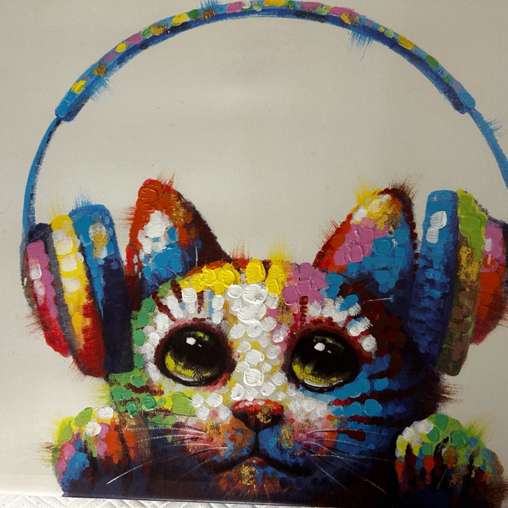 Colorful Cat Headphones Art Print